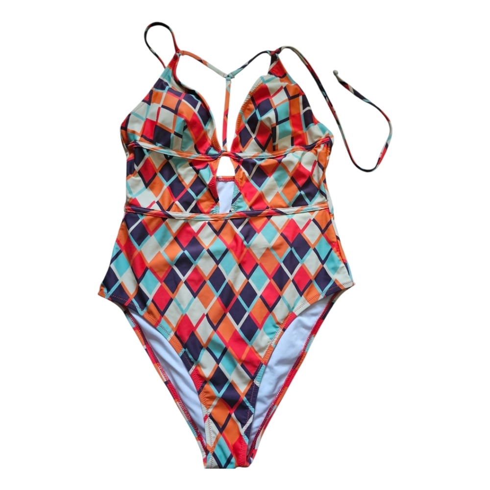 Cupshe Multicolor Geo Print One-Piece Swimsuit - Red, Orange, Blue, Black
